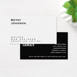 Tarjeta de visita blanca y negra minimalista con c