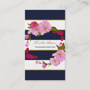 Tarjeta De Visita Blanco Azul y Oro Moderno Floral Chic Glamour