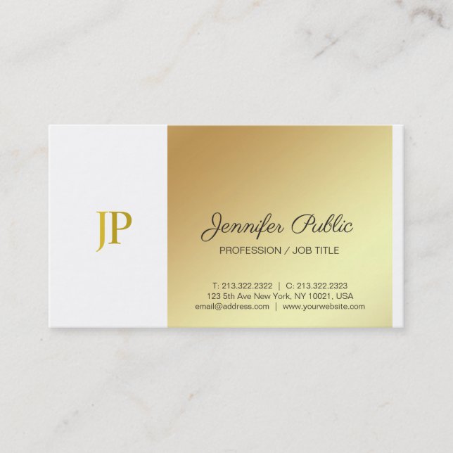 Tarjeta De Visita Blanco creativo del monograma y lujo llano del oro (Anverso)