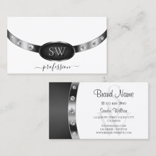 Tarjeta De Visita Blanco Elegante Plata Negro con Diamantes Iniciale