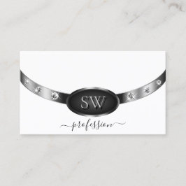 Tarjeta De Visita Blanco Elegante Plata Negro con Diamantes Iniciale