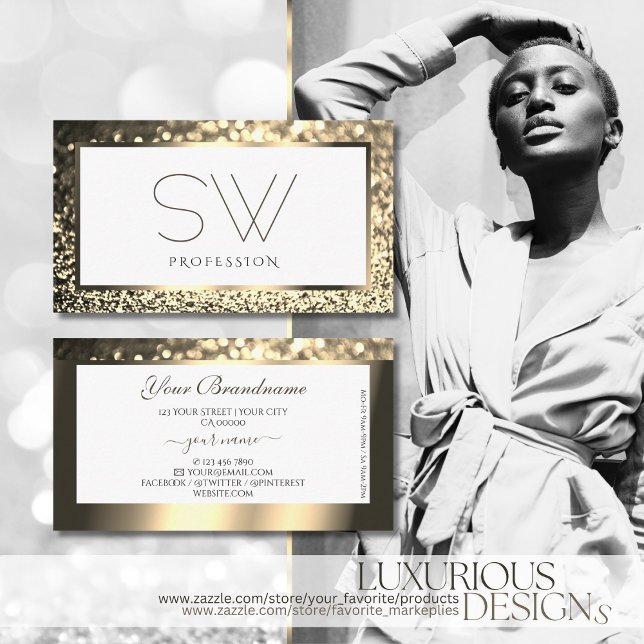 Tarjeta De Visita Blanco glamoroso Purpurina de la espuma de oro con (Subido por el creador)