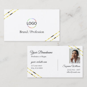 Tarjeta De Visita Blanco Liso con Líneas Doradas Logo y Foto