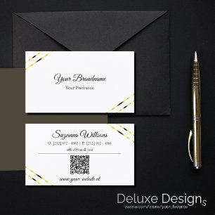 Tarjeta De Visita Blanco Liso con Líneas Doradas y Código QR Elegant