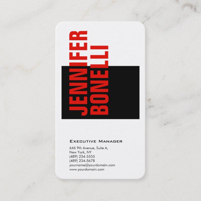 Tarjeta De Visita Blanco minimalista y negro rojo (Anverso)