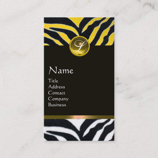 Tarjeta De Visita BLANCO NEGRO AMARILLO ZEBRA FUR MONOGRAM,Topaz (Anverso)