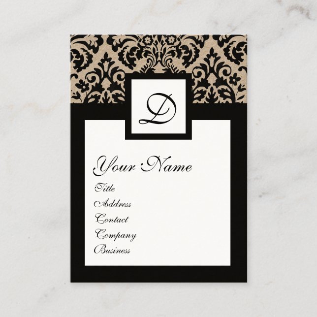 Tarjeta De Visita BLANCO NEGRO DAMASK FLORAL SQUARE MONOGRAM Kraft (Anverso)