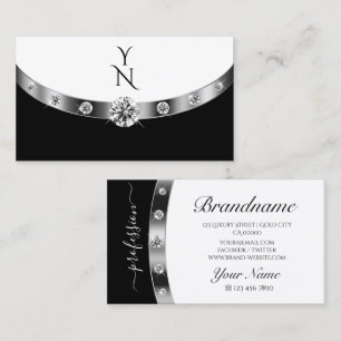 Tarjeta De Visita Blanco negro plateado moderno con diamantes de mon