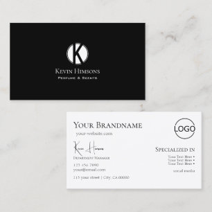 Tarjeta De Visita Blanco negro simple con monograma y logotipo
