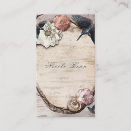 Tarjeta De Visita Blanco Rústico Abedul Floral & Colibrí Elegante