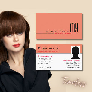 Tarjeta De Visita Blanco salmón moderno simple con monograma y foto