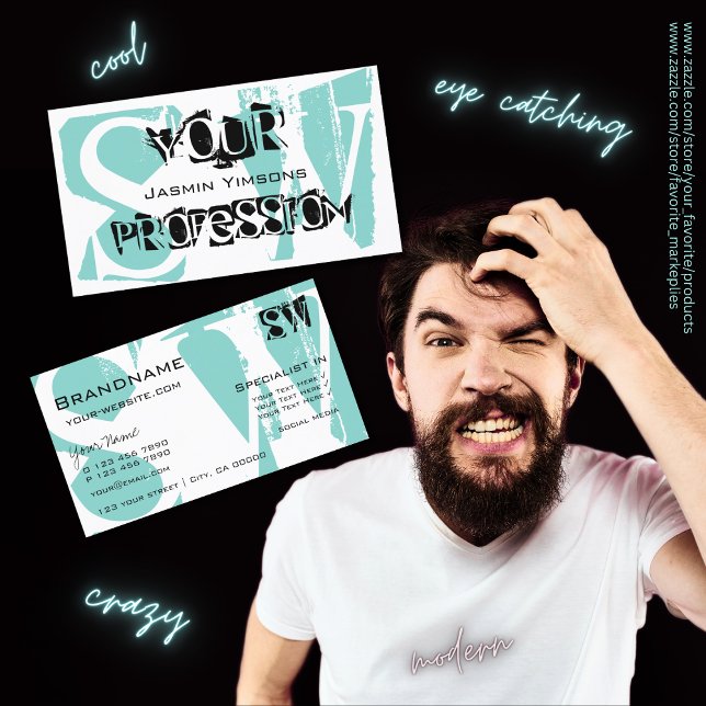 Tarjeta De Visita Blanco Verde azulado moderno y negro con iniciales (Subido por el creador)