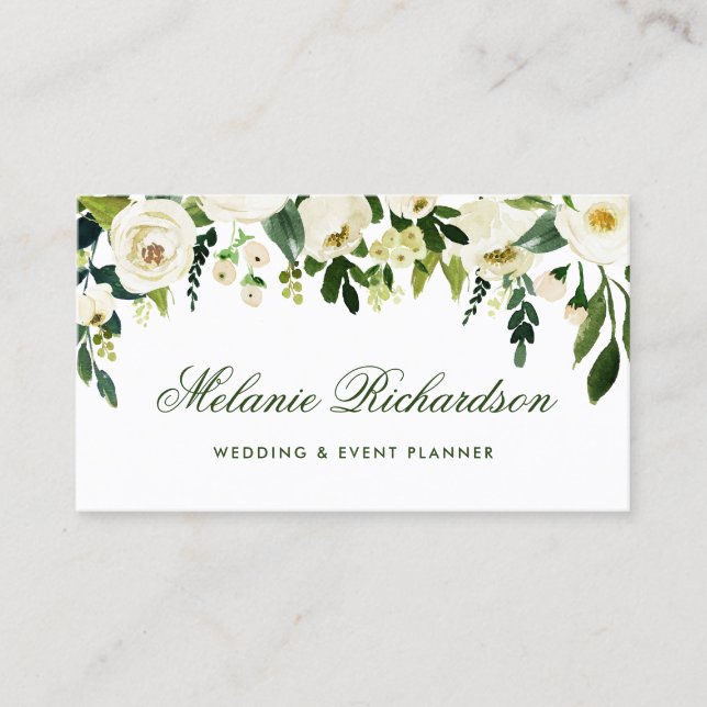 Tarjeta De Visita Blanco verde floral de la acuarela elegante (Anverso)