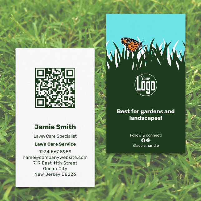 Tarjeta De Visita Blanco verde mariposa de césped escaneado (Scannable Lawn Butterfly Green White Business Card with Logo, QR-code)