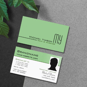 Tarjeta De Visita Blanco verde sabio simple con monograma y foto