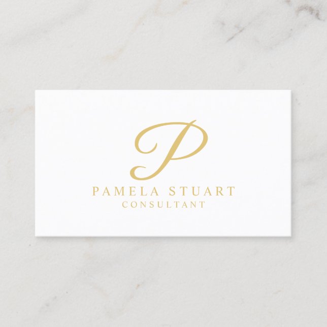 Tarjeta De Visita Blanco y monograma elegante del oro (Anverso)