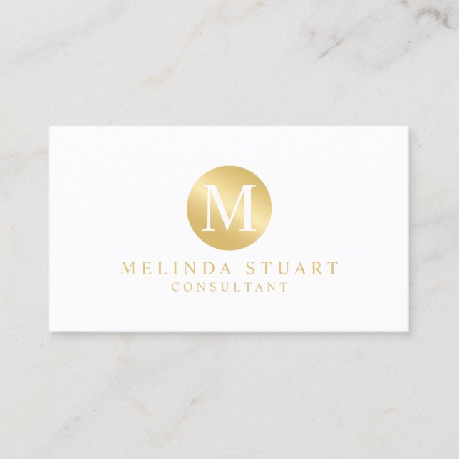 Tarjeta De Visita Blanco y monograma elegante del oro (Anverso)