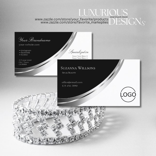 Tarjeta De Visita Blanco y negro con decoración y logotipo plateado  (Subido por el creador)