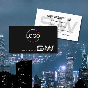 Tarjeta De Visita Blanco y Negro Simple Moderno con Monograma y Logo