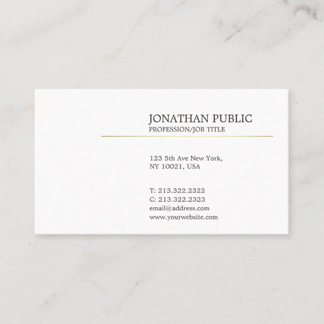 Tarjeta De Visita Blanco y Oro Moderno Elegante Llanura (Anverso)