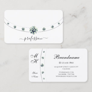 Tarjeta De Visita Blanco y plateado a la moda con diamantes monogram
