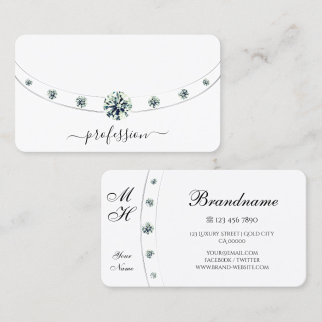 Tarjeta De Visita Blanco y plateado a la moda con diamantes monogram (Anverso / Reverso)
