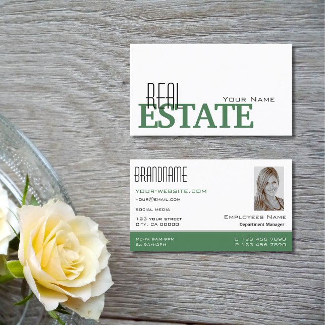 Tarjeta De Visita Blanco y verde moderno con foto profesional (Subido por el creador)