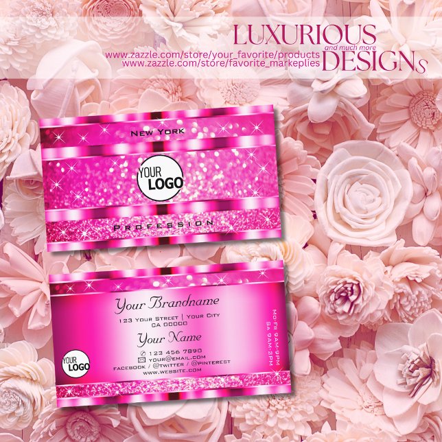 Tarjeta De Visita Bling Glam Girly Purpurina rosa estrella y logo (Subido por el creador)