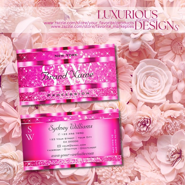 Tarjeta De Visita Bling Glam Girly Purpurina rosado estrella Monogra (Subido por el creador)