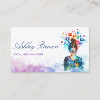Tarjeta De Visita Blogger de Pastel Watercolor Social Media Manager