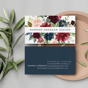Tarjeta De Visita Bloom radiante   Floral acuática marina y borgoña