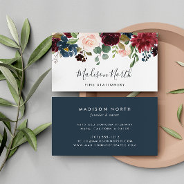 Tarjeta De Visita Bloom radiante | Floral acuática marina y borgoña