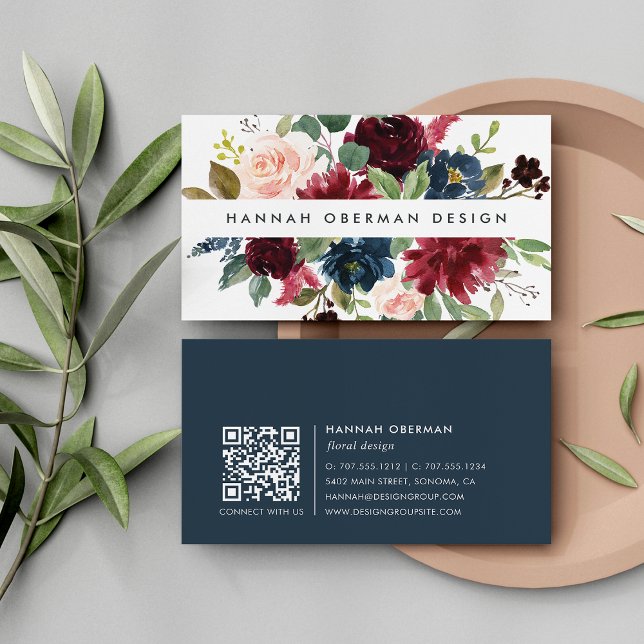 Tarjeta De Visita Bloom radiante | Floral acuática marina y borgoña (Subido por el creador)