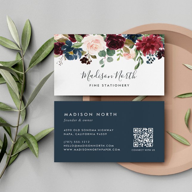 Tarjeta De Visita Bloom radiante | Floral acuática marina y borgoña (Subido por el creador)