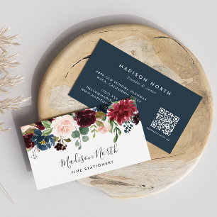 Tarjeta De Visita Bloom radiante   Floral acuática marina y borgoña