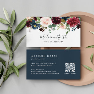Tarjeta De Visita Bloom radiante   Floral acuática marina y borgoña