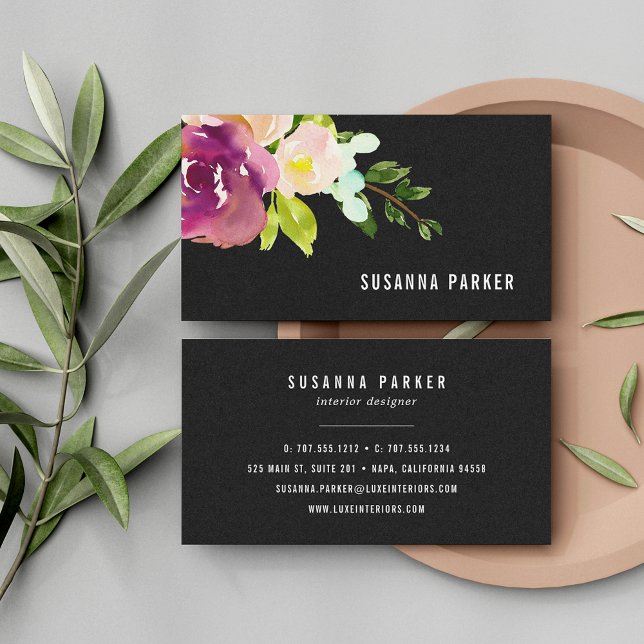 Tarjeta De Visita Bloom vibrante | Floral acuarela negra (Subido por el creador)