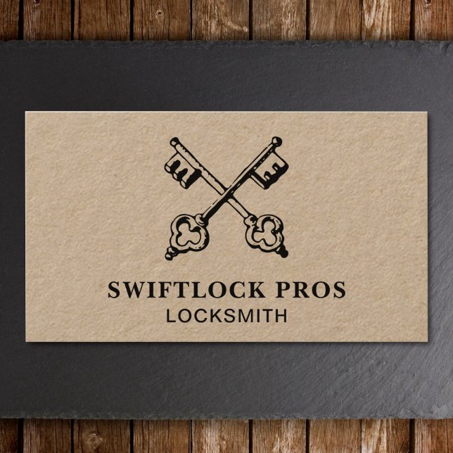 Tarjeta De Visita Bloqueo de herrero Bloquear Teclas de Fitter Kraft (A vintage style locksmith business card against a slate and wooden background.)