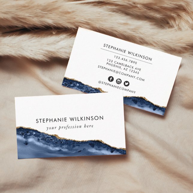 Tarjeta de visita Blue Agate & Gold Border Waterco (Blue Agate & Gold Border Watercolor Business Card)