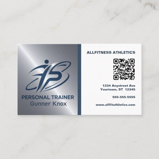 Tarjeta De Visita Blue and Silver QR Code Fitness Trainer (Anverso)