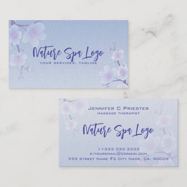 Tarjeta De Visita Blue And White Cherry Blossom Nature Spa (Anverso / Reverso)