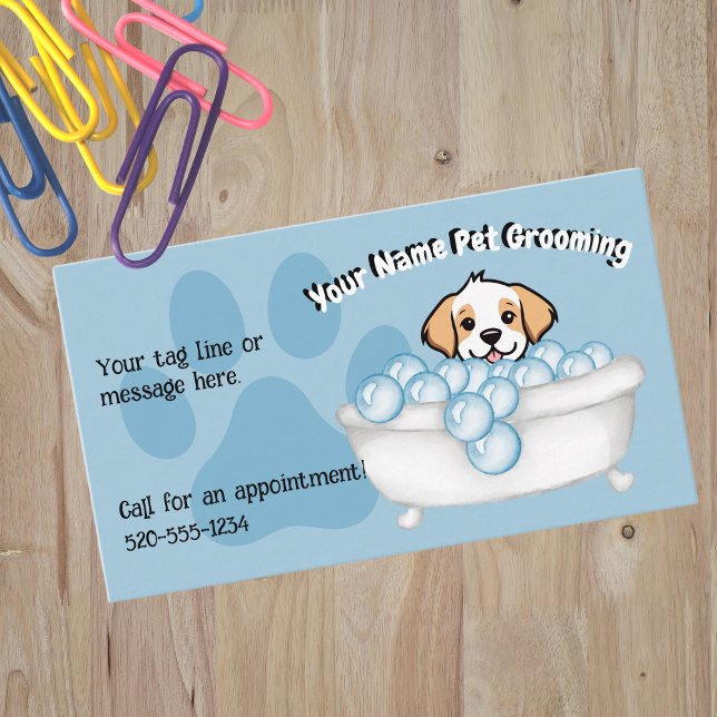 Tarjeta De Visita Blue Bathtub Bubbles Dog Groomer Services (Subido por el creador)