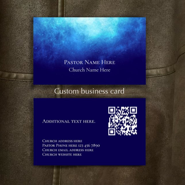 Tarjeta De Visita Blue Custom Text Christian Church Pastor QR Code  (Personalize this unique modern custom business card template. Blue nebula original design.)