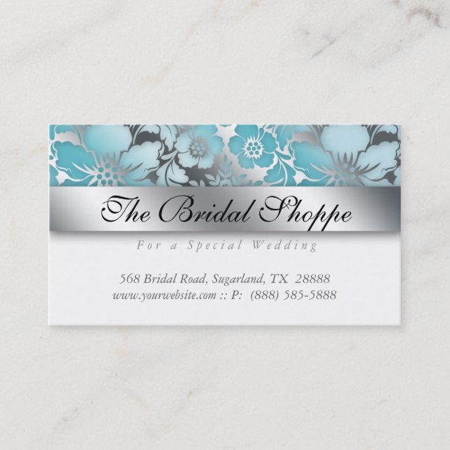Tarjeta De Visita Blue Damask Wedding Plata Floral (Anverso)