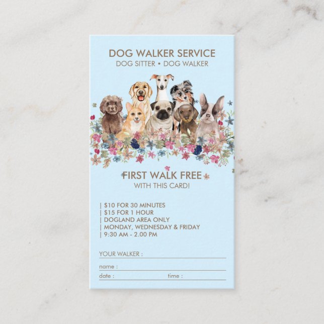 Tarjeta De Visita Blue Dog Walker Service Nombre de regalo gratuito (Anverso)