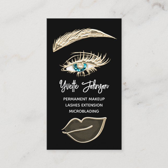 Tarjeta De Visita Blue Eyelash Brows Makup Logo QR Code Gold Black (Anverso)