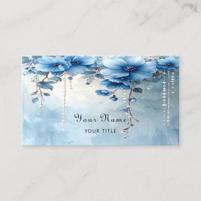 Tarjeta De Visita Blue Flowers and Pearls Business Card (Anverso)