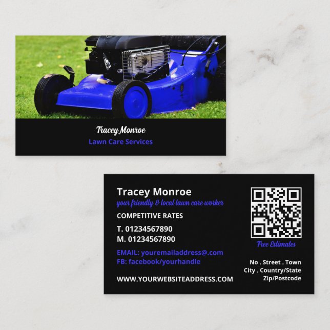 Tarjeta De Visita Blue Garden Lawn-Mower, servicios de cuidado de cé (Anverso / Reverso)