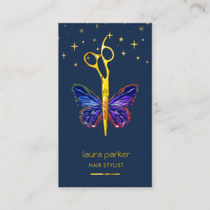 Tarjeta De Visita Blue Gold Butterfly Scissor Hair Stylist Salon