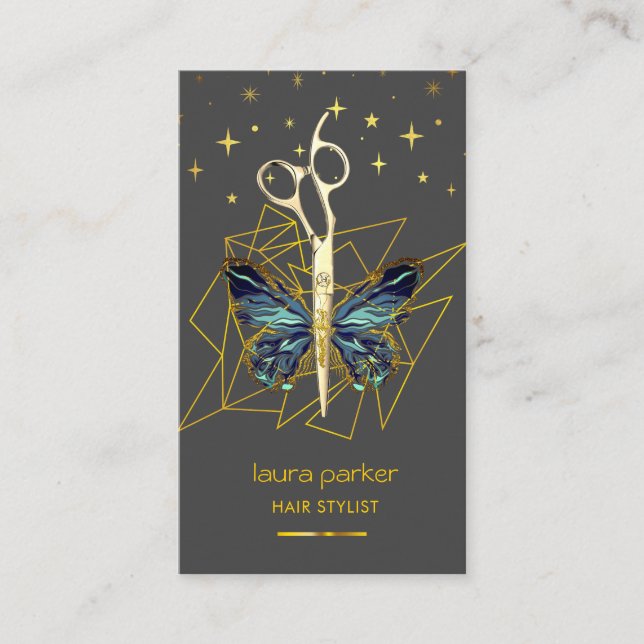Tarjeta De Visita Blue Gold Butterfly Scissor Hair Stylist Salon (Anverso)